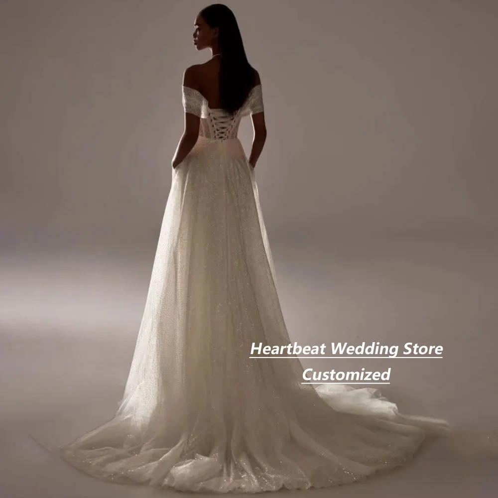 Customized Sparkle Tulle Wedding Dress Off Shoulder Bridal Gown A Line Corset Back with Pockets Wedding Gown for Bride