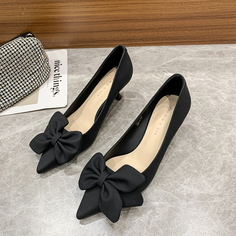 Black Pointed Toe High Heels Shoes for Women Pumps Small Size Bow Decorative Thin Heels Bridal Shoes Laides Sapatos Femininos