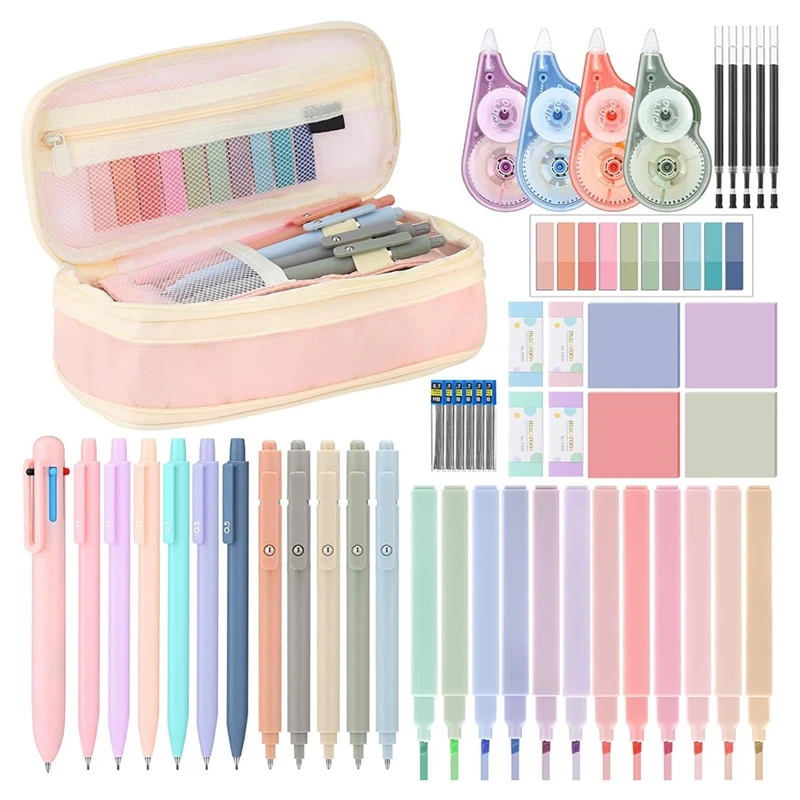 49 Pcs Aesthetic School Supplies With Pink Pencil Case, For Students Stationary Set