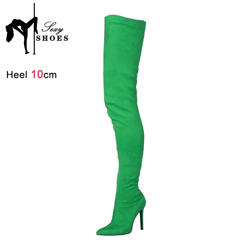 Green Color Over The Knee Women\'s Boots Fashion Nightclub High Heels Large Size Elastic Long Boots 10CM Autumn Pointed Toe Shoes