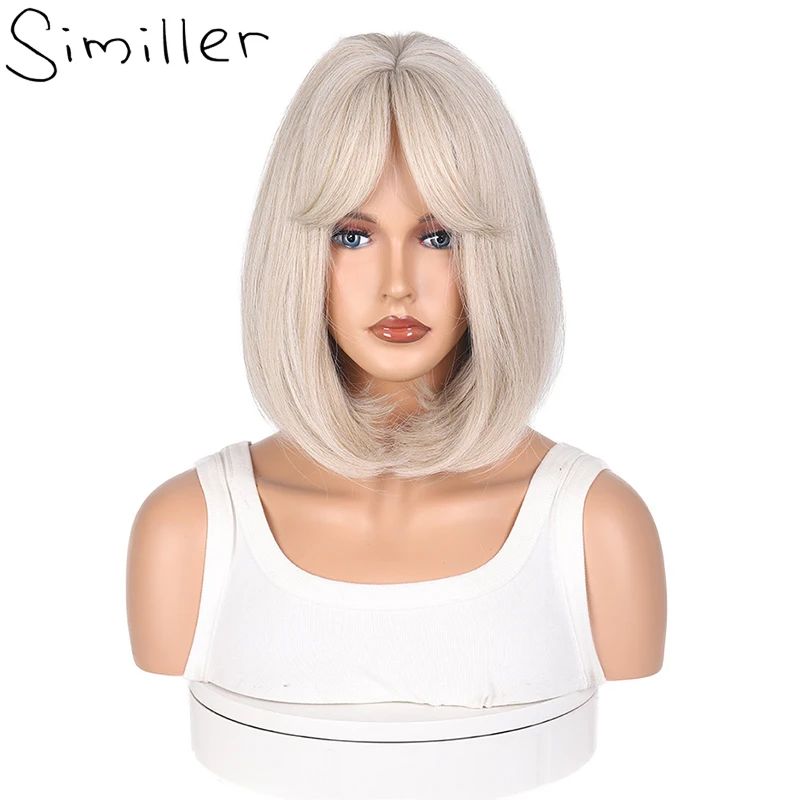 Similler-Perruque synthétique courte lisse avec frange pour femme, postiche en fibre de haute température, 03/Use, gris, or, auburn