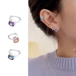Super Sparkling Zircon Sugar Earrings Korean Sweet Pink Purple Square Ear Buckle Small Simple Female 925 Silver Earring KOFSAC