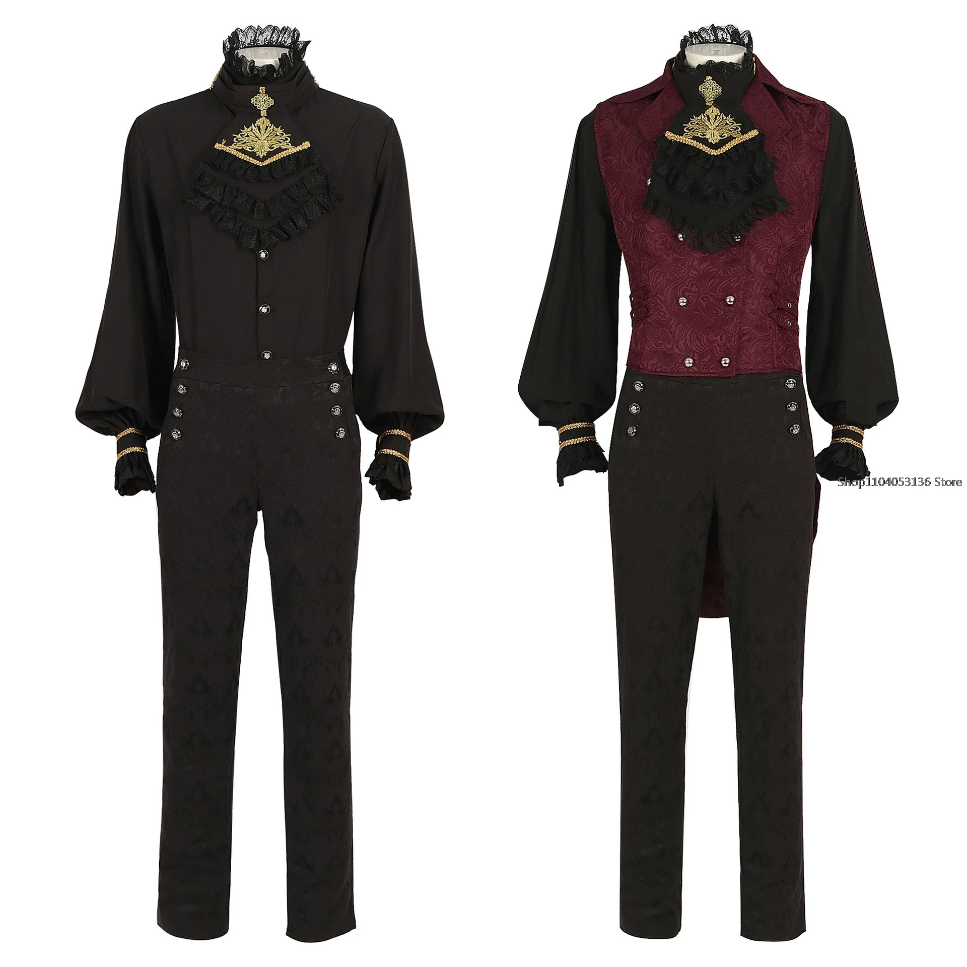 Conjunto de traje gótico para hombre, traje de caballero Medieval negro, camisa negra Steampunk, disfraz de Cosplay de vampiro de Halloween