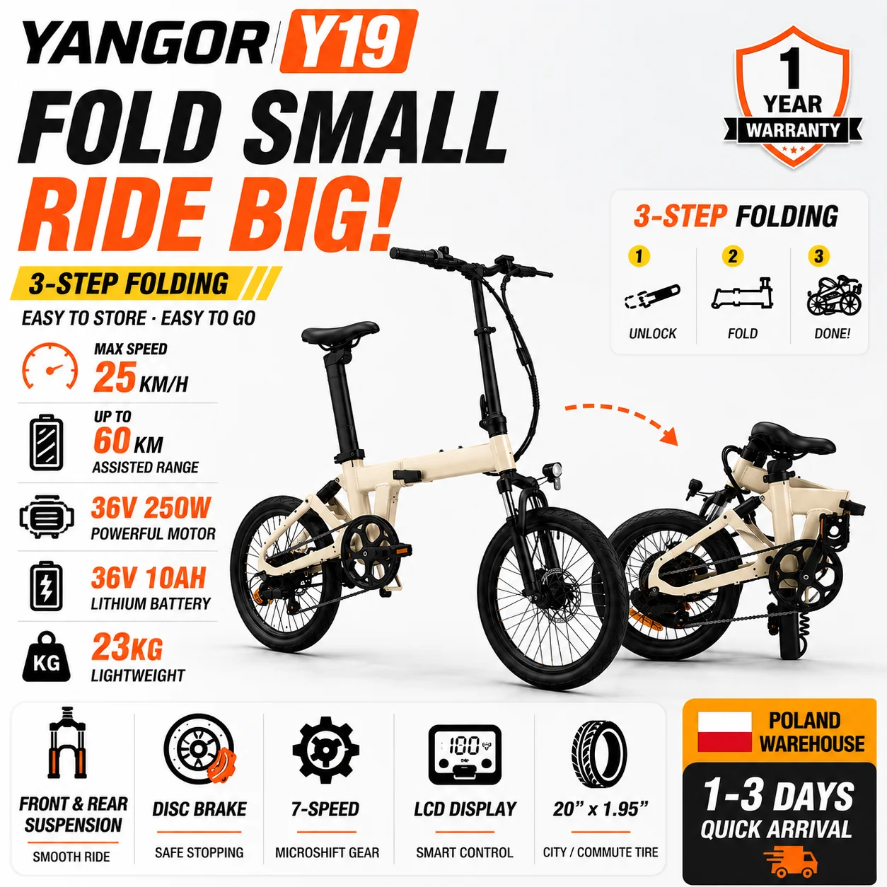 YYANGOR Y19 Klapprad E-Bike 250W 36V 10Ah für Erwachsene, Urbanes Pendeln, 20 Zoll Elektrisches Fahrrad, Vorder- und Hinterradfederung, Leichter Aluminiumrahmen, 7-Gang, Hydraulische Bremsen, LCD