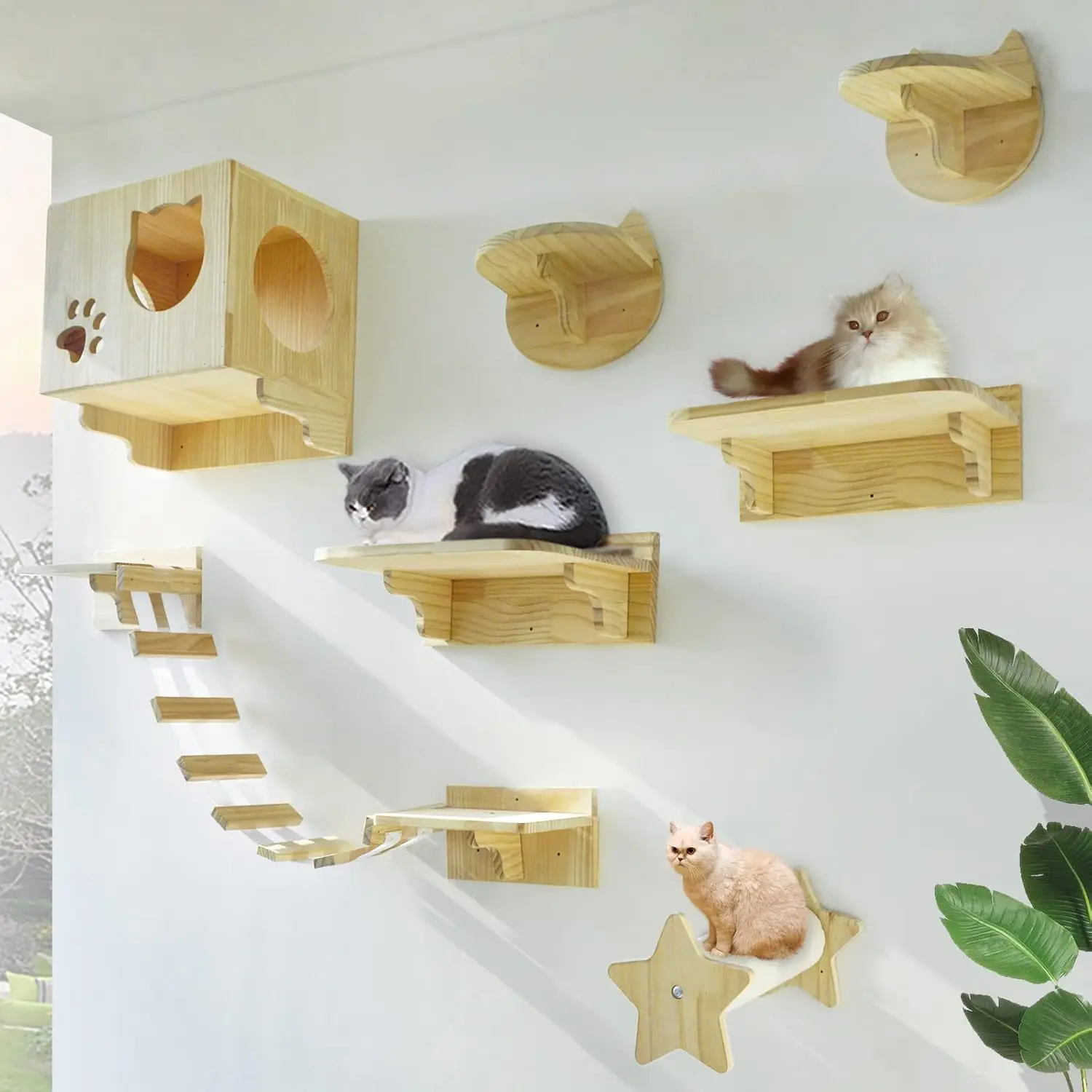 

Wall Mounted Cat Furniture Wooden Shelves and Perches for Wall Steps Ladder Bed Activity Tree