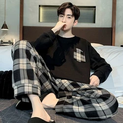 Sleepwear Men Long Sleeve Long Pants Cotton Pajama Sets Spring Autumn Nightwear Loungewear Set Korean Boys Pajamas Casual Loose