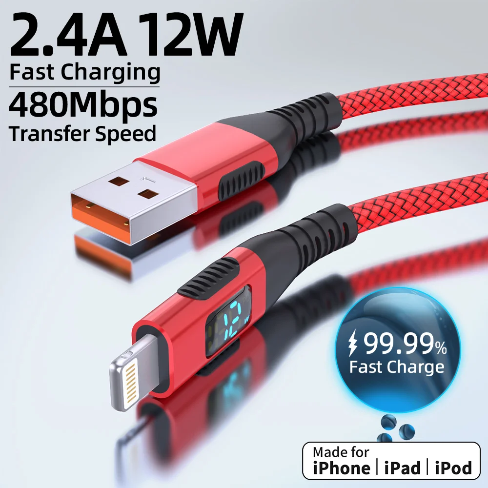 1 unidad de Cable trenzado de nailon de carga rápida USB A a Lightning certificado MFI con cable de pantalla Digital Led para iPhone 13 13Pro 12 11
