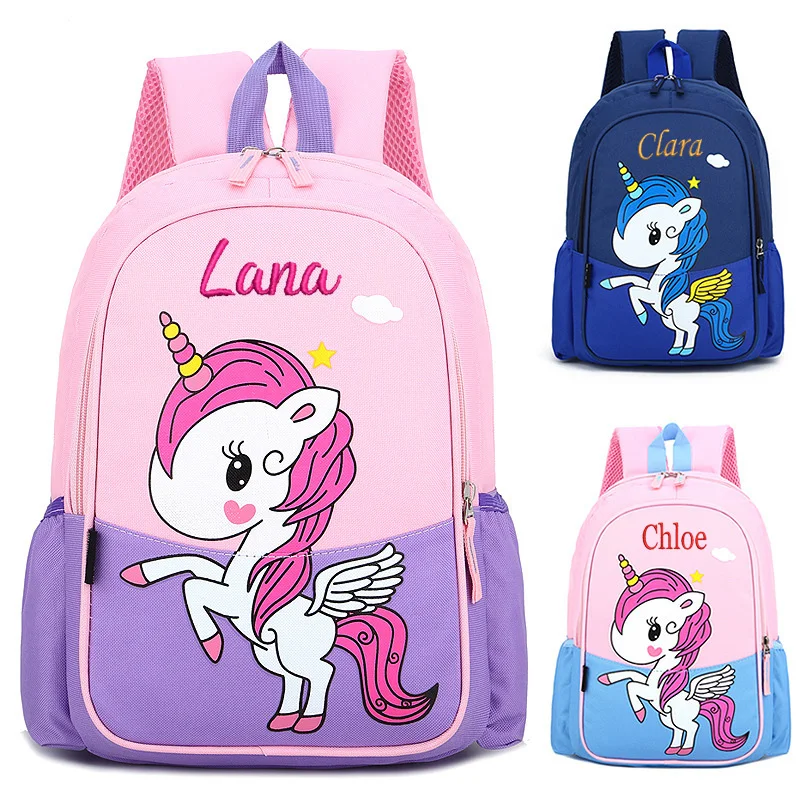 Mochila con bordado de unicornio para niños y niñas, con nombre personalizado para guardería escolar morral, bolsas de aperitivos para bebés