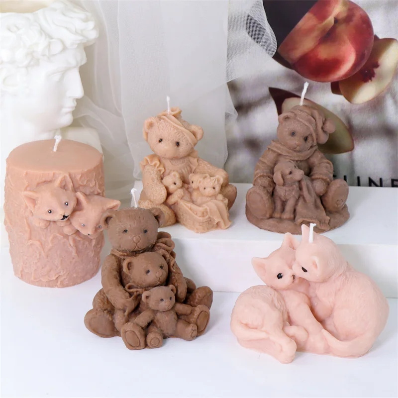 3D Kissing Face Cat Cartoon Bear Silicone Candle Mold DIY Family Bears Handmade Aroma Plaster Making Tool Birthday Party Gifts
