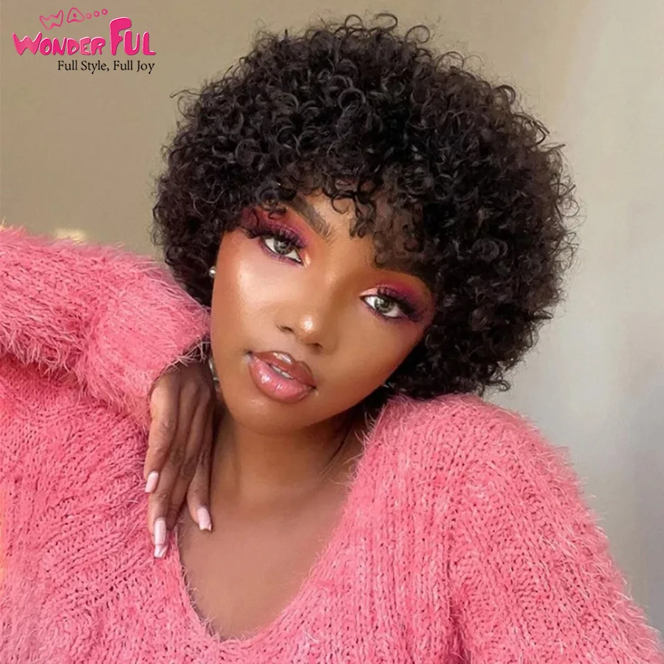 Short Brazilian Jerry Curl Human Hair Wigs With Bang Nature Black Dark 1B# Brown 4# Red 99J 30# For Women Kinky Curly Remy Hair