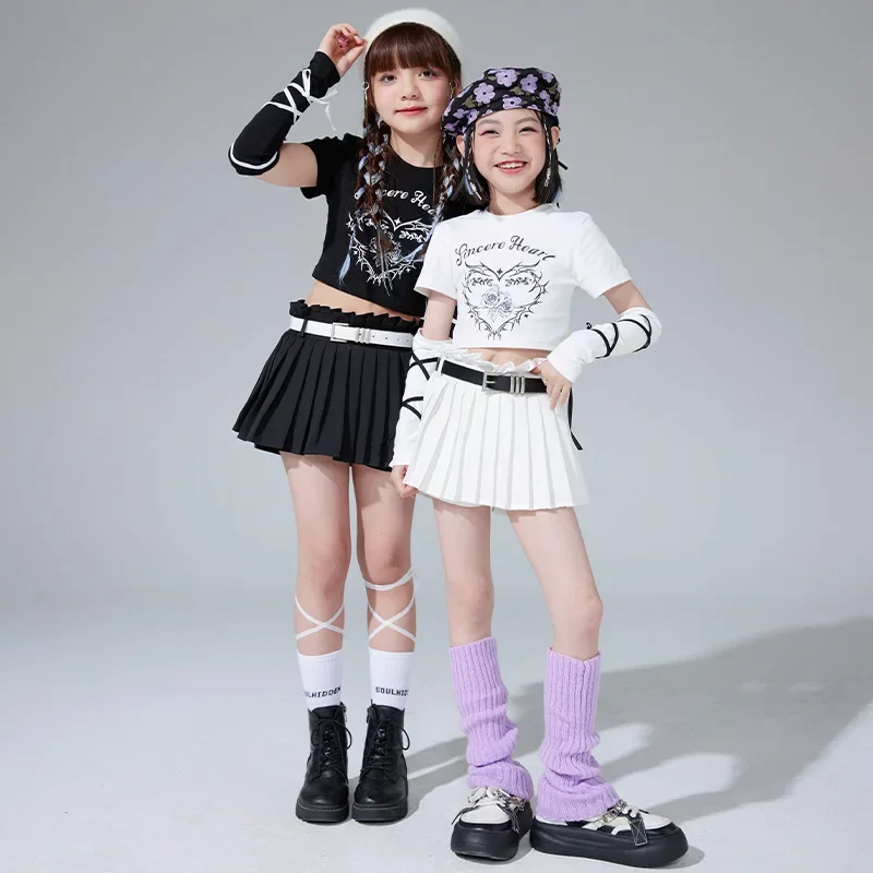Enfant mignon Hip Hop vêtements blanc imprimé haut court t-shirt manches noir plissé Mini jupe pour fille Jazz danse Costume porter des vêtements