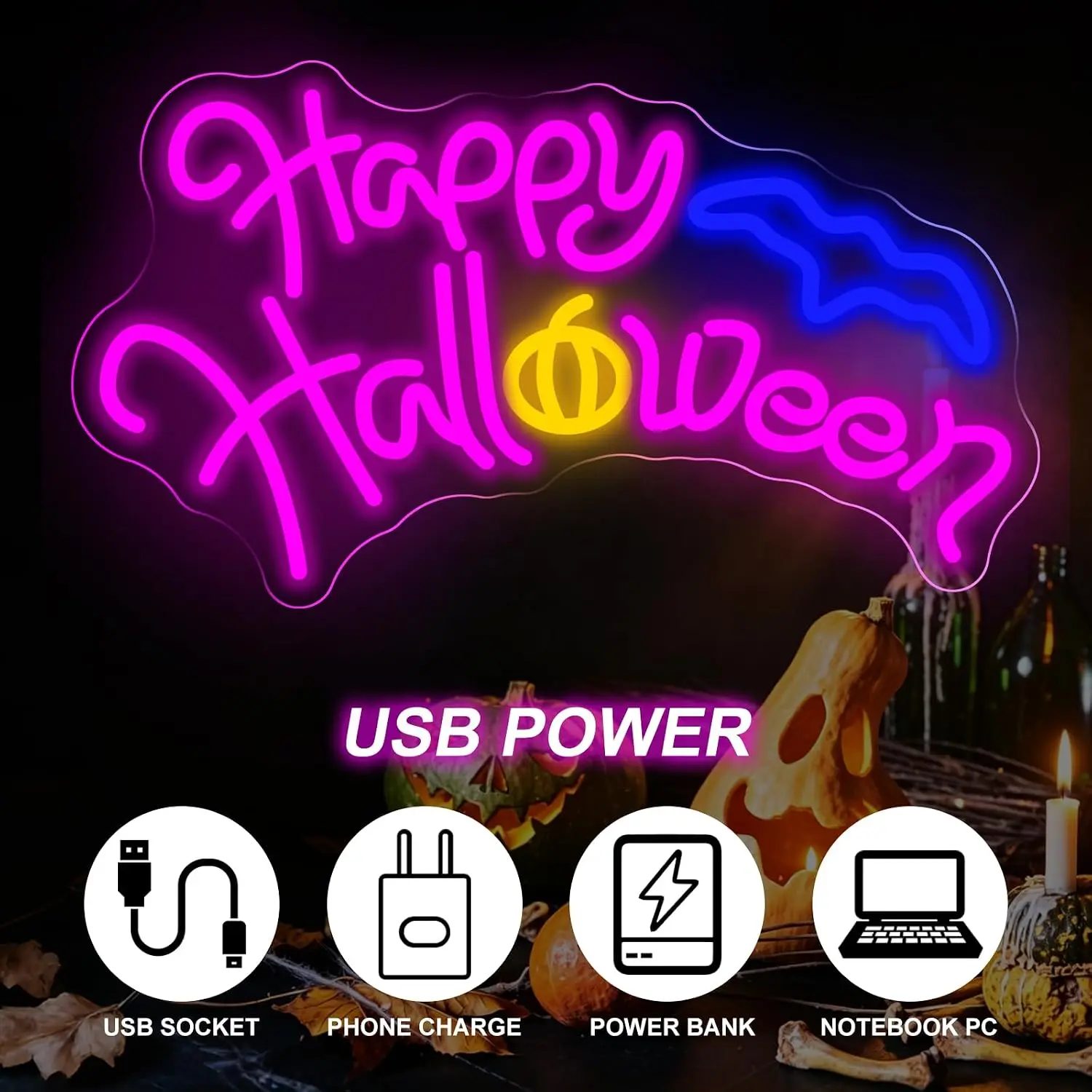 Happy Halloween Neon Sign Bat Pumpkin LED Neon Light USB Wall Hanging Lamp Halloween Party Home Window Holiday Decoration Gift