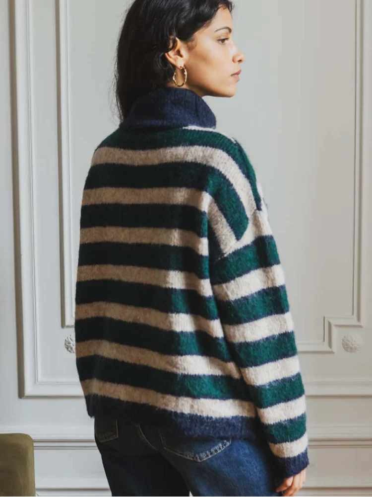 

Women Casual Striped Turtleneck Knitted Pullover Chic High Collar Long-sleeved Short Sweater 2026 Spring Lady Commute Pullovers