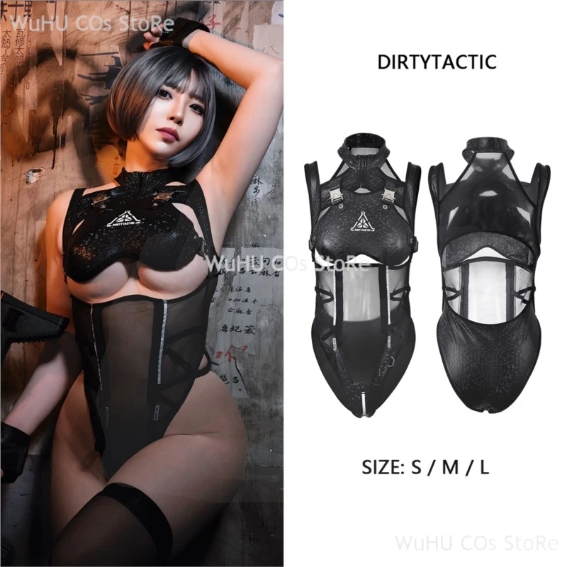 

Original Design PU Leather Reverse Cosplay Costume Elasticity Black Jumpsuit Mesh Cloth Sports Lingeries Women Sexy Cosplay