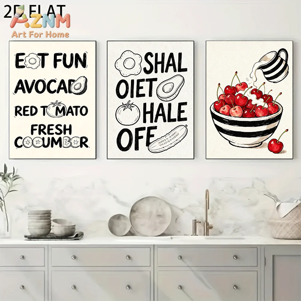 AZNM Frameless Canvas Wall Art, Fruit Vegetable Kitchen Quote Print, Retro Hand Drawn Cherry Avocado Food Art, Kitchen Dining Ro
