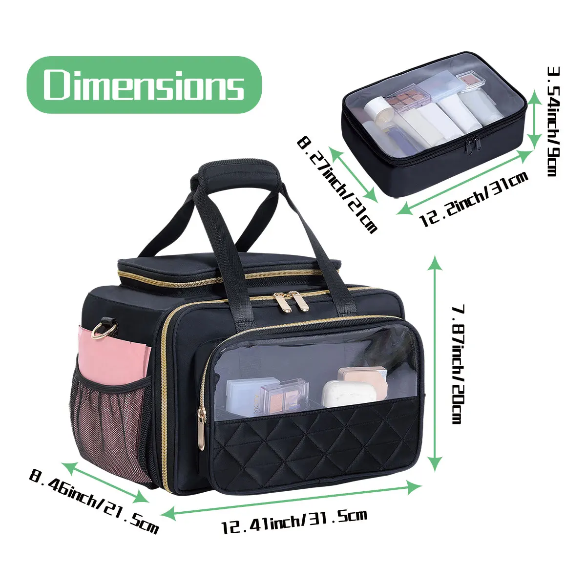 Large Makeup Bag for Women, Travel Toiletry Bag with Zipper Pouch, Wide-Open Design Multifunctional Compartments and Dividers, f