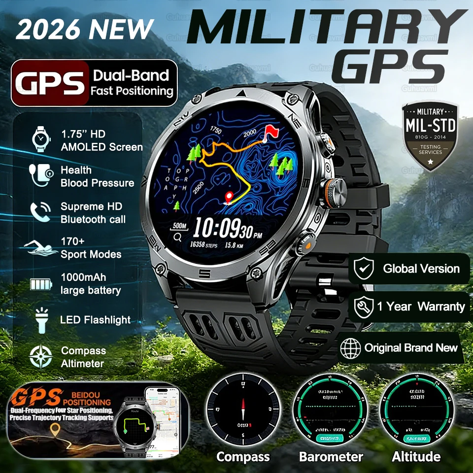 

Умные часы 2026 Ultra New со встроенным GPS-компасом, аккумулятором 1000 мАч, водонепроницаемостью 10ATM, спортивным трекером, для активного отдыха, военные смарт-часы