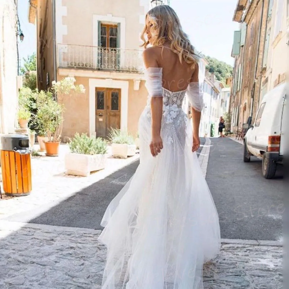 Vestido De Novia De corte en A para mujer, traje Sexy con hombros descubiertos, Apliques De encaje, sin mangas