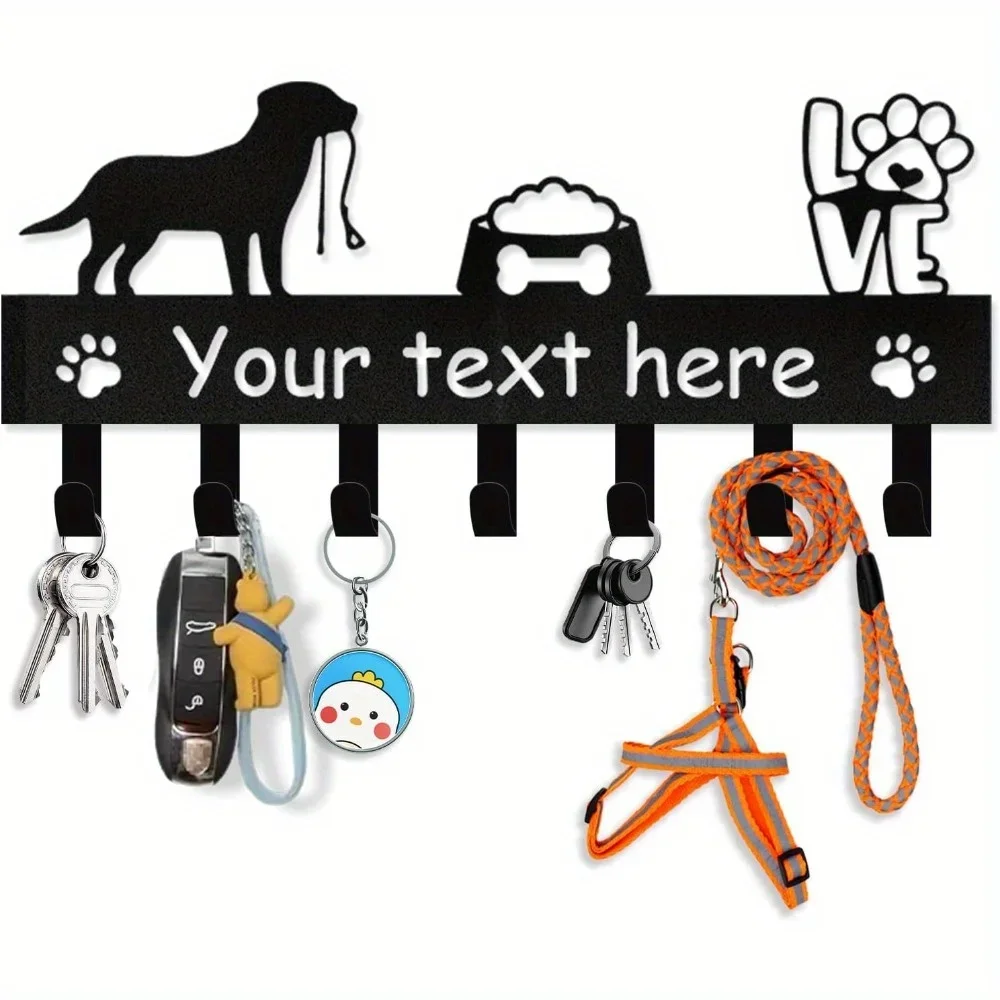 Personalized Dog Leash Holder for Wall Custom Name Key Rack Metal Hooks Storage Organizer Decorative Gift for Dog Lovers