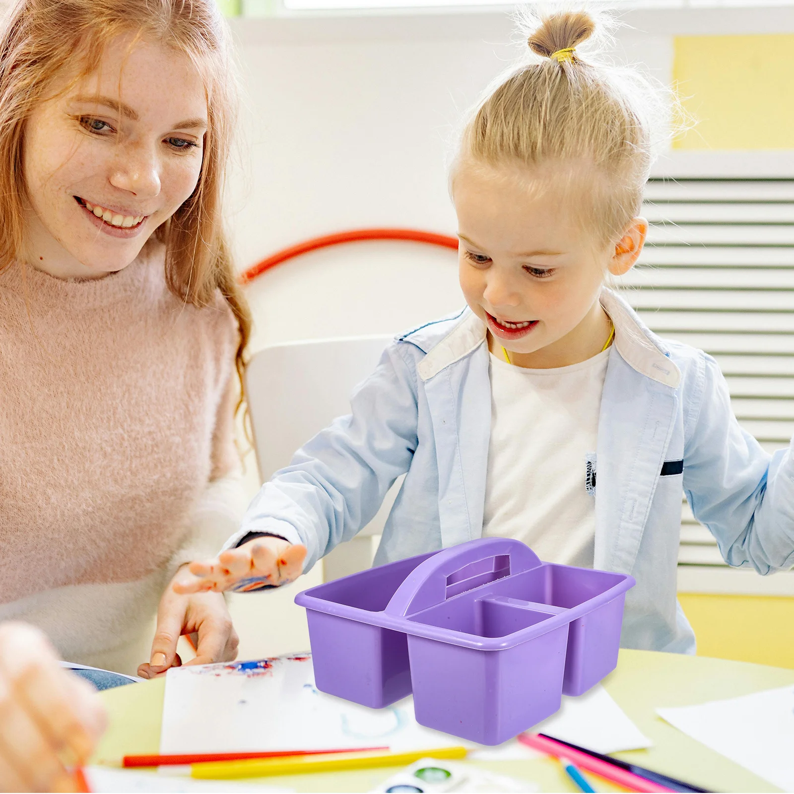 Cesta de almacenamiento portátil con mango, organizador para el aula, soporte para suministros de arte, contenedor de papelería escolar con múltiples compartimentos