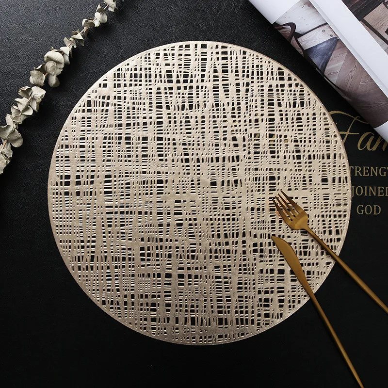 

1Pc 38x38cm Round PVC Placemat Gold Hot Stamping Hollow Heat Insulation Pad Home Non-Slip Table Mat Party Decor