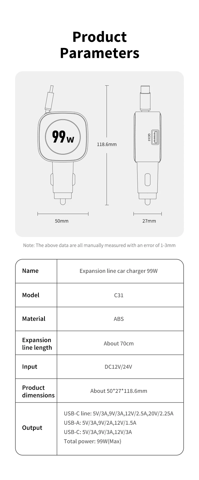 99 W einziehbares Autotelefon-Ladegerät USB C PD 45 W Schnellladung für iPhone 16 Pro Max, Samsung Galaxy S25 Ultra, Android – Detail 11