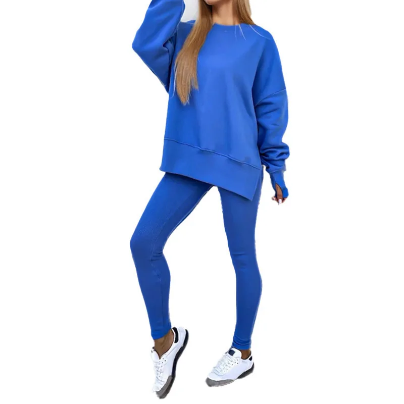 

2025 New Fashion Slit Sweatshirt + Calf Pants Two-piece Autumn Casual Loose Solid Color Top + Trousers Suit For Women