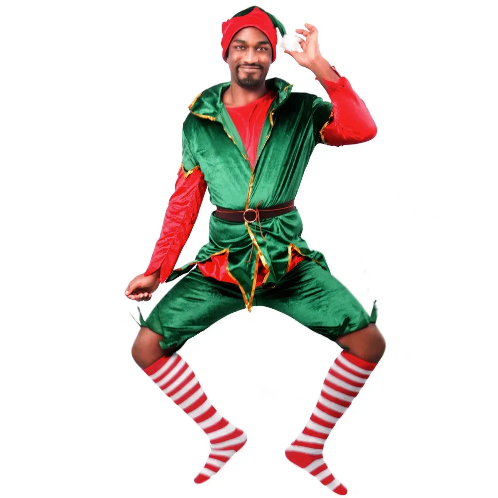 Costume de lutin vert de Noël pour hommes et femmes, père Noël, arbre de Noël, robe de paupières de clown, couples