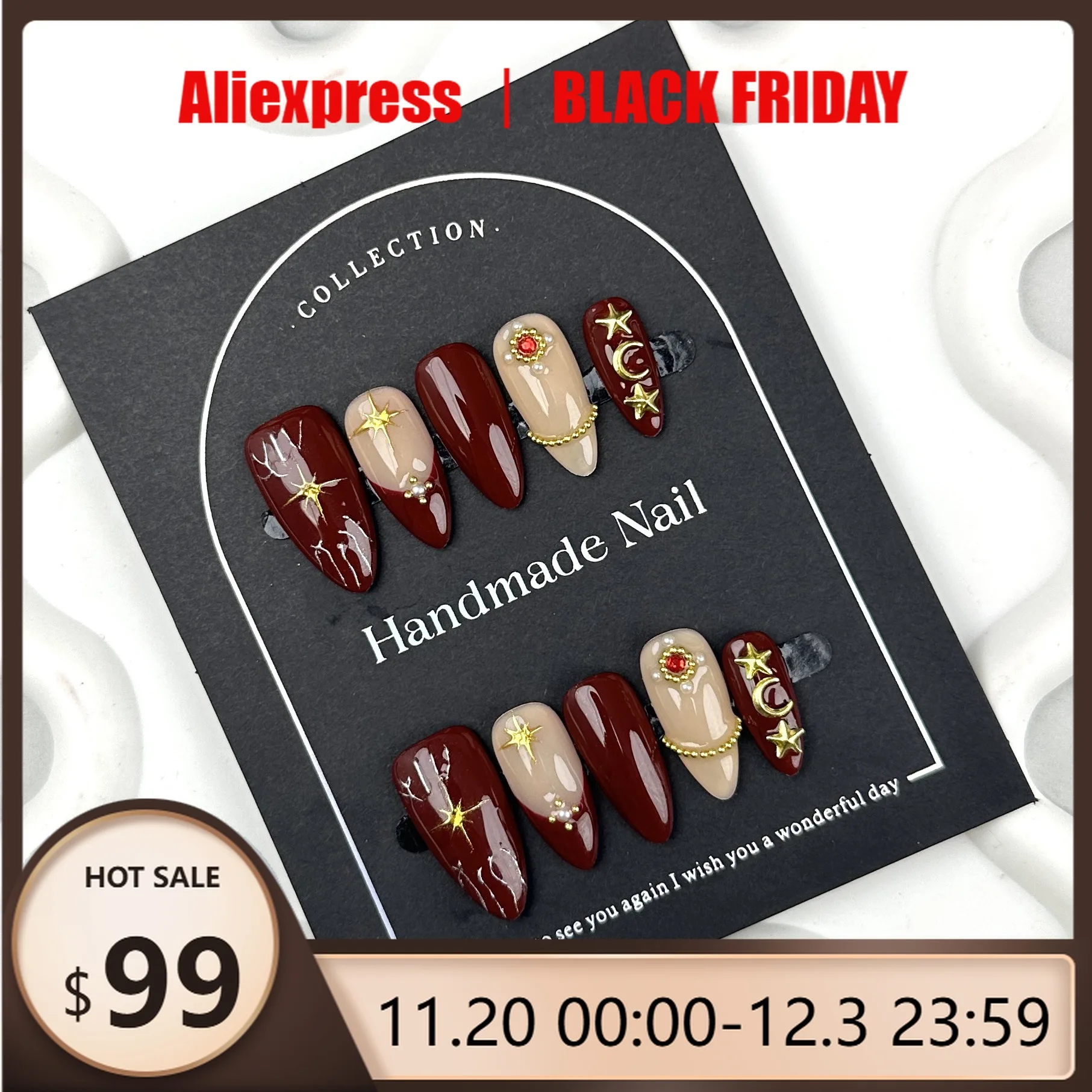 

10pcs Handmde Press on Nails Red French Diamond Almond Full-Cover Nail Pieces For Women and Girl Detachable Wearable Fake Nail