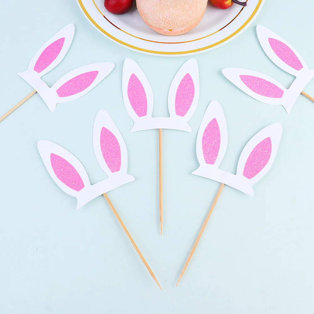 

30Pcs Bunny Ear Cake Toppers Safe Non-Toxic Wood Paper Easter Cupcake Toppers Party Cake Decoration Supplies Party Supplies
