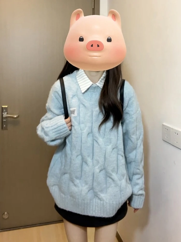 

Свободный вязаный синий ленивый женский свитер, осень-зима, Новое поступление, повседневный модный корейский свитер премиум-класса