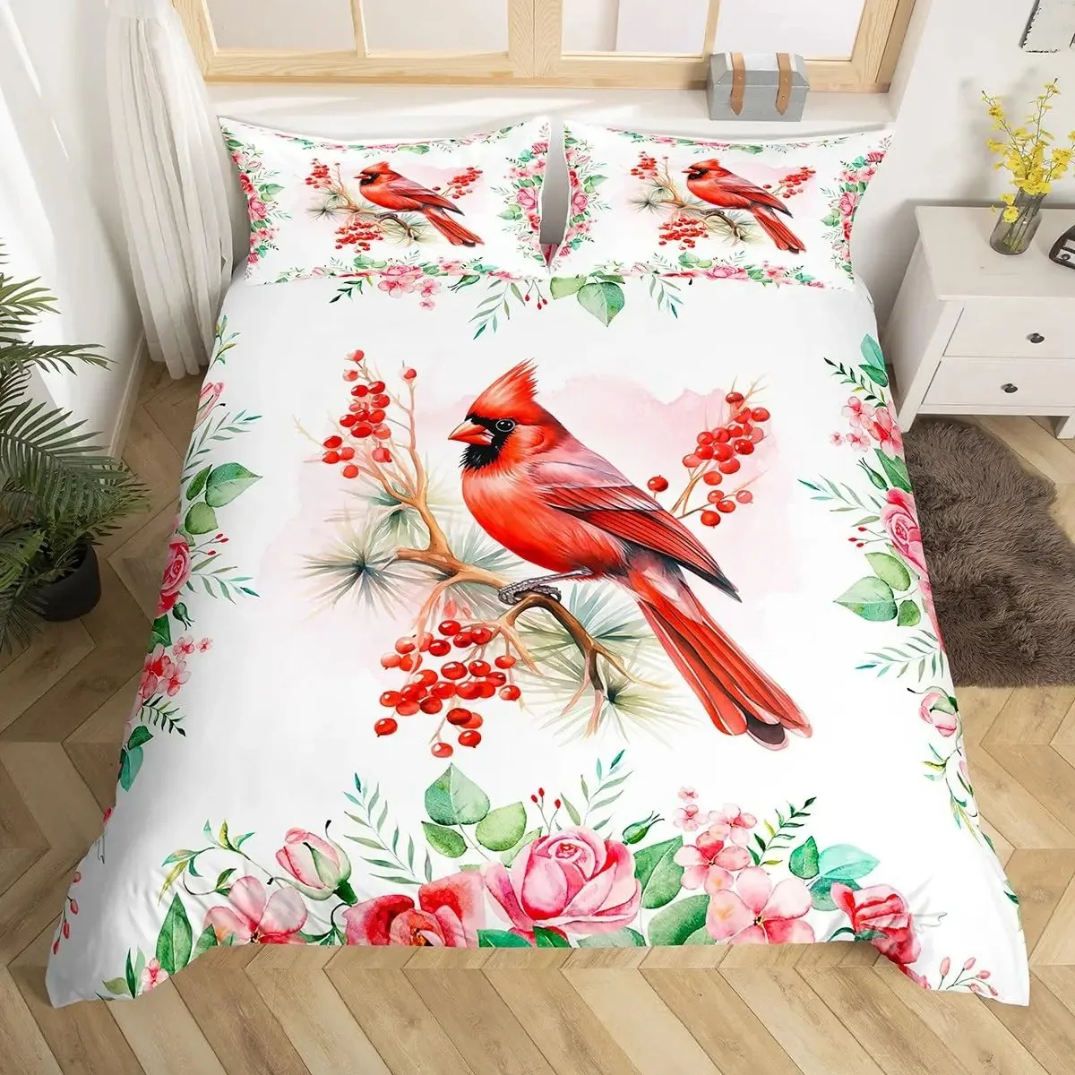 Red Cardinals Bedding Set King Queen Size Watercolor Pine Cones Duvet Cover Cute Birds Comforter Cover Romantic Love Quilt Cover