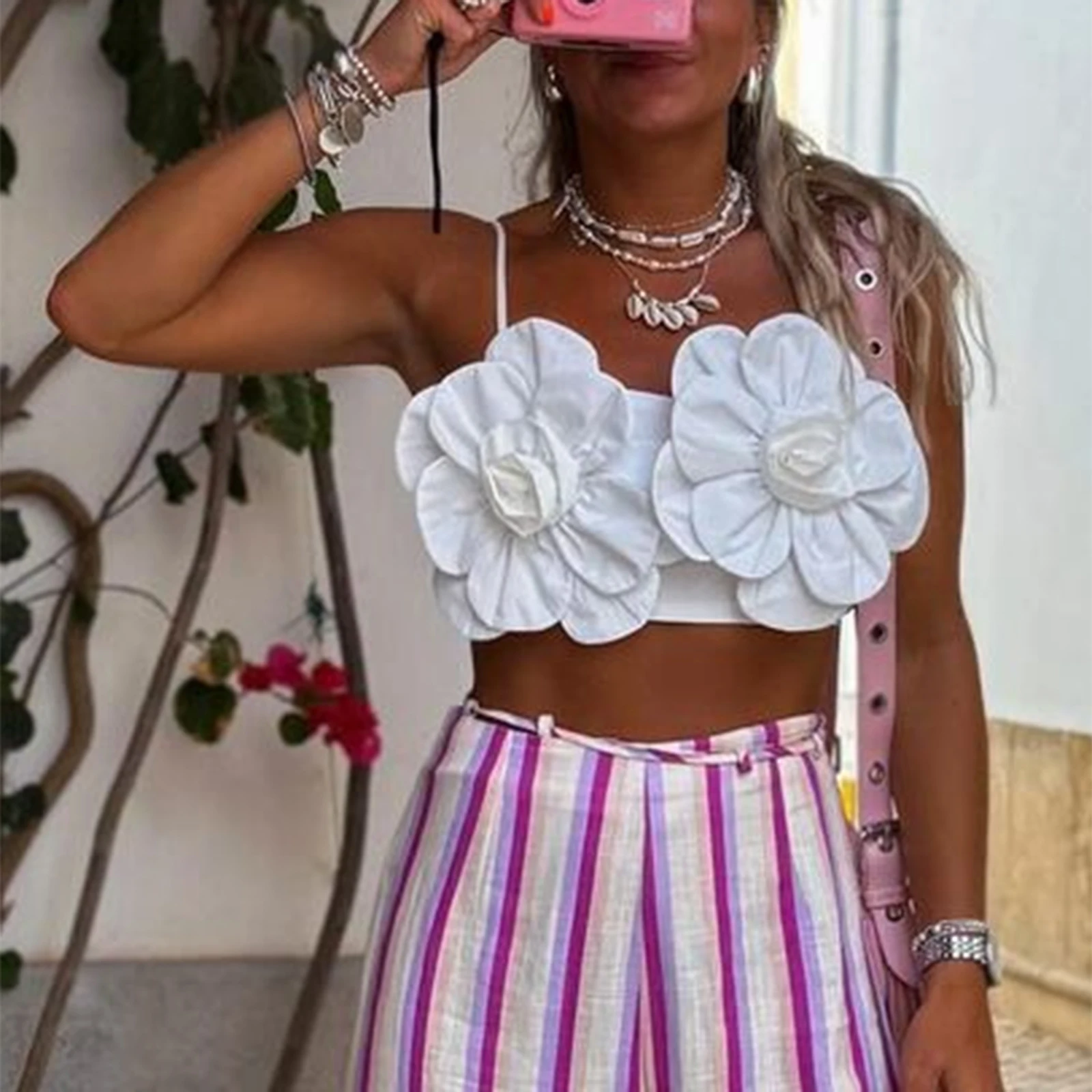 Hirigin-Haut court à fleurs 3D pour femme, caraco précieux, bretelles spaghetti sexy, dos nu, fête d'été, streetwear féerique Y2K