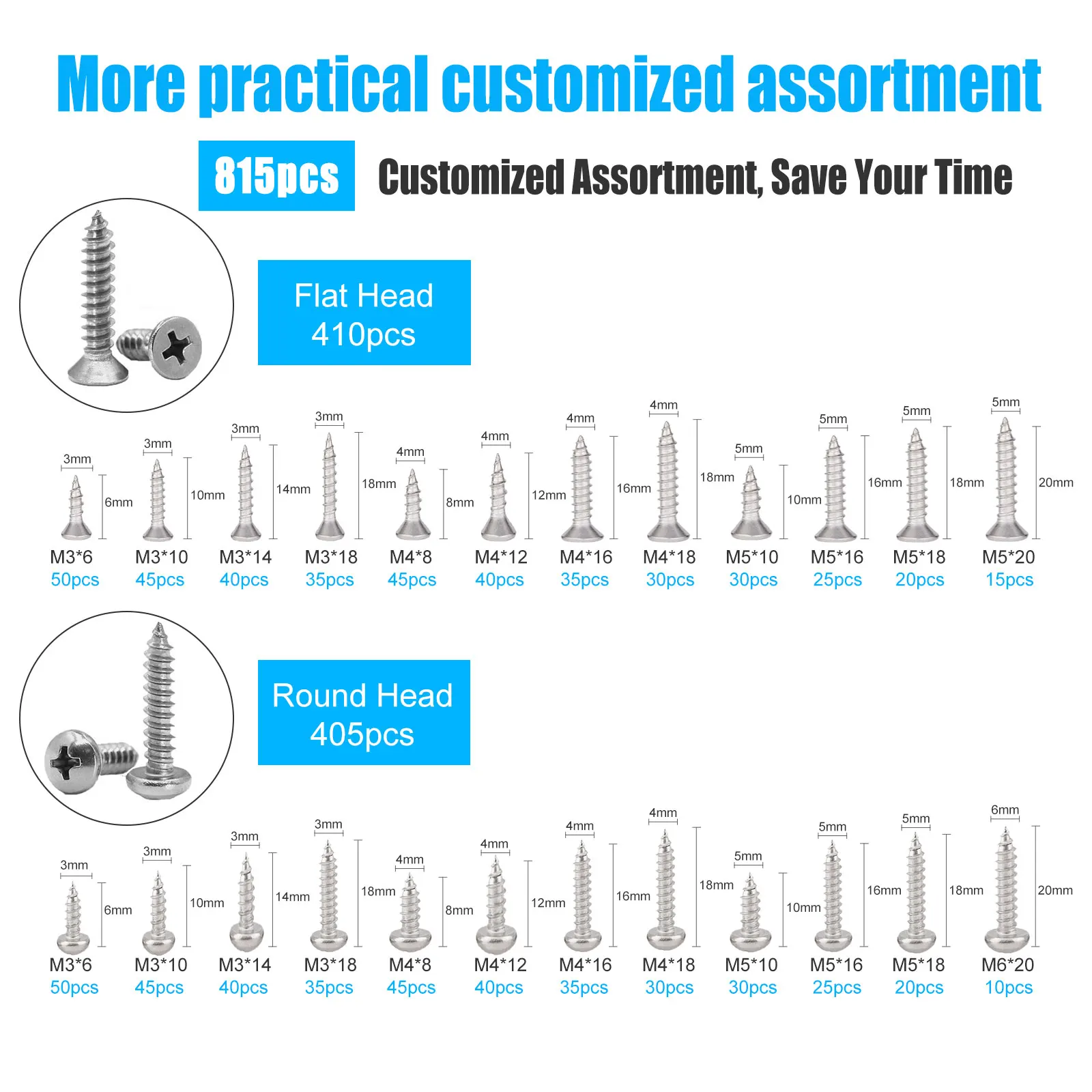 815pcs M6 M5 M4 M3 Stainless Steel Self Tapping Screws Assortment Kit,with Flat&Pan Head Phillips for Wood,plastic,Sheet Metal