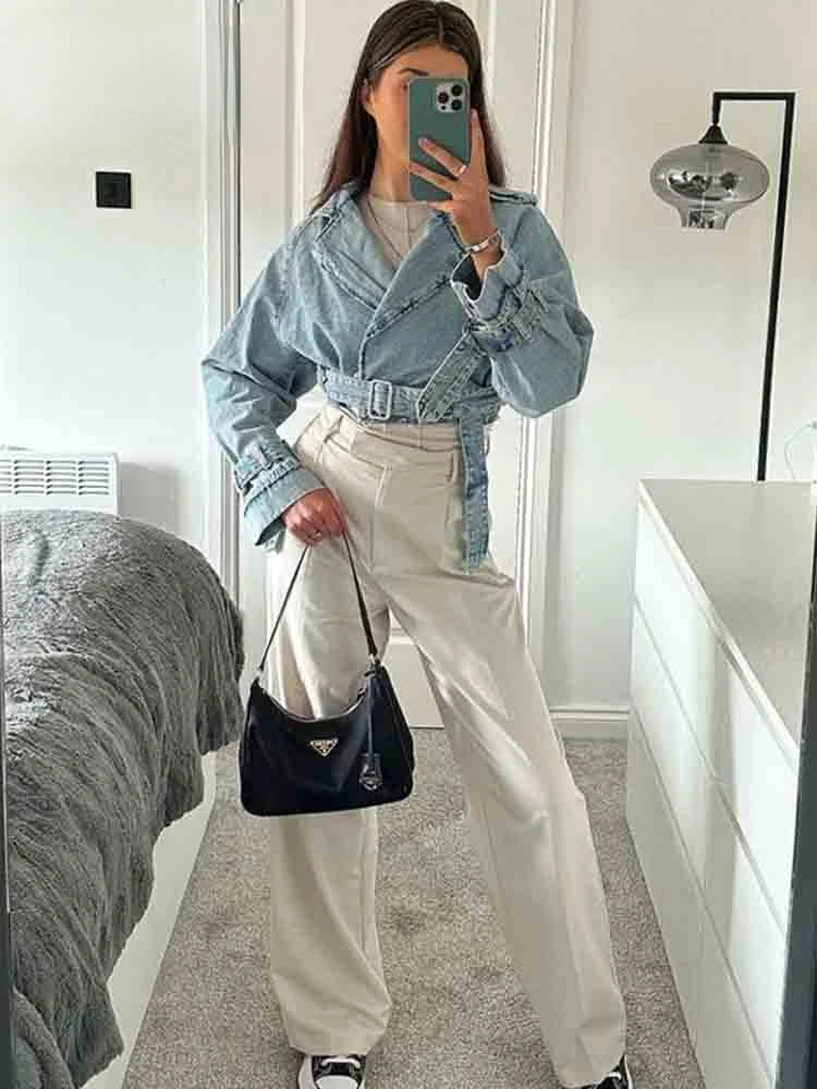 Woman Denim Jacket with Belt Cropped Jean Jacket for Women Frayed Streetwear Women's Spring Jackets Long Sleeve Crop Top