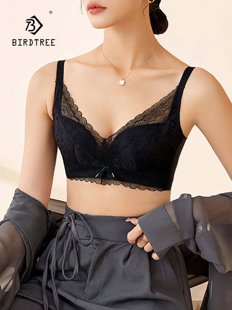 

Birdtree Lining 100%Mulberry Silk Adjustable Gathered Bra No Steel Ring Side Collection Lace Thin Style Underwear New P3N655QC