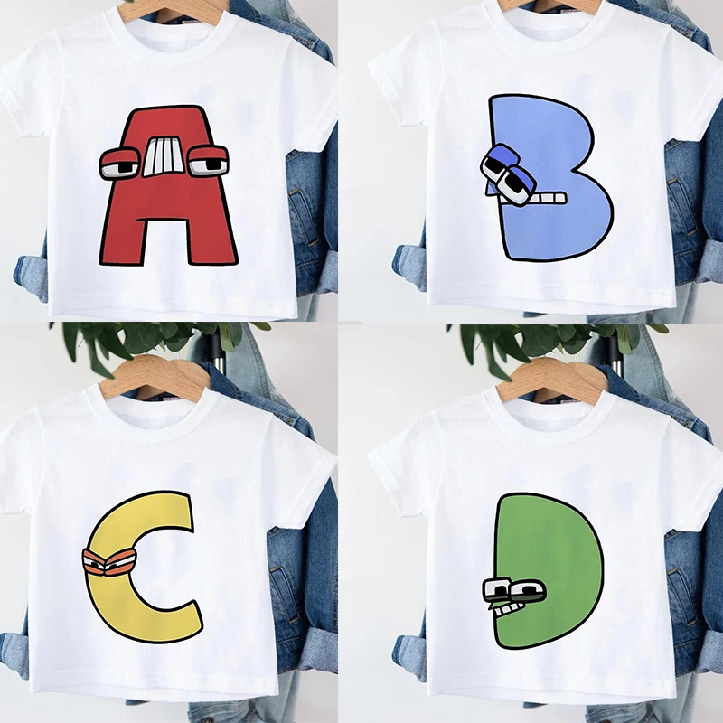 Alphabet Lore Clothes Kawaii Anime Game T Shirts Children's A B C D E F G Short Sleeves Boys Girls Clothes Kids Birthday Gifts