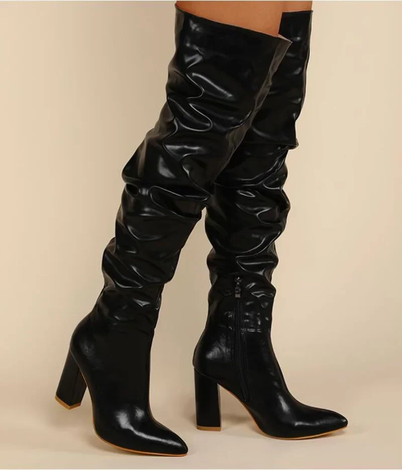 Autumn Winter New Fashion Over-The-Knee Women Boots Genuine Leather Pleated Sexy Thigh High Tall Heel Shoes Size 42