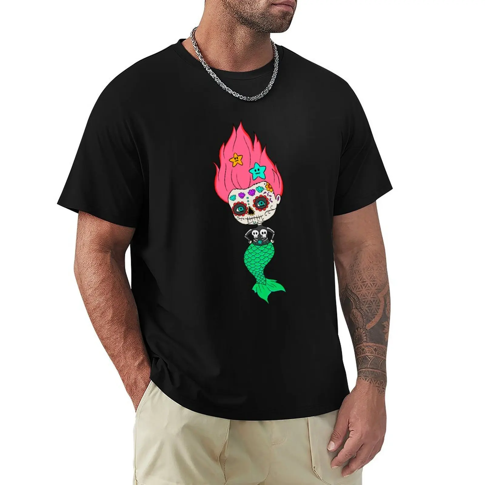 Day Of Dead Mermaid Lover Mexican Mermaid Sugar Skull Gear T-Shirt Casual Daily Graphic Tee