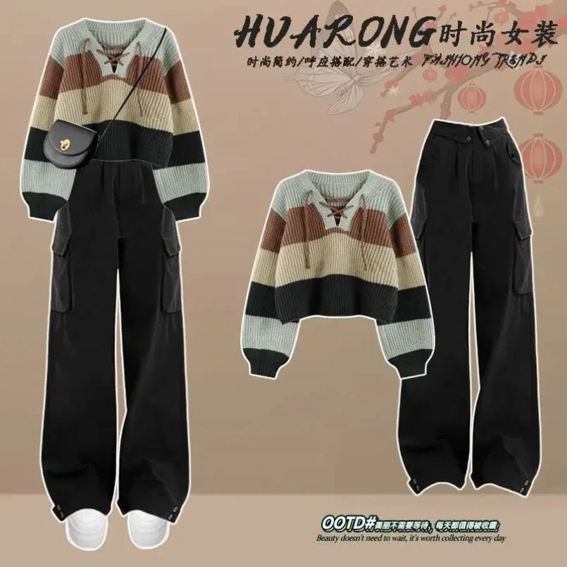 Autumn and Winter Women's Set New Korean Striped Knitted Sweater Women's Slim and Versatile Workwear Pants Two Piece Set