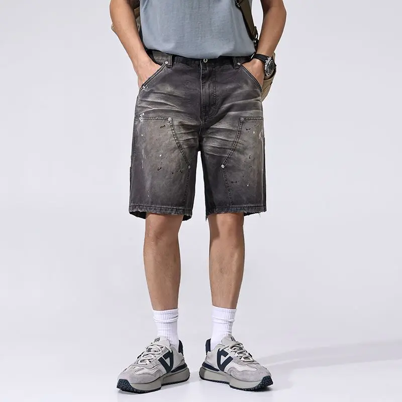 

JXN2038 Summer new splash ink work shorts men loose splicing cotton straight five trousers American casual