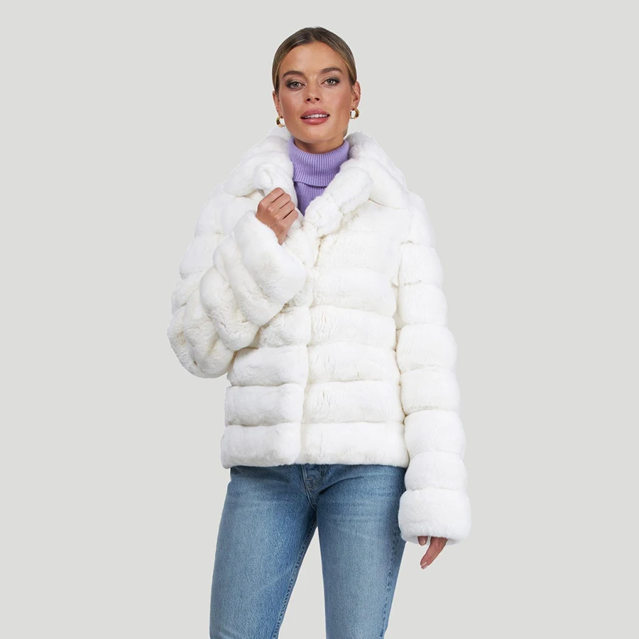 Abrigo de piel de conejo Rex Natural para mujer, Chaqueta corta de invierno, chaquetas de piel Real cálidas de lujo, 2024