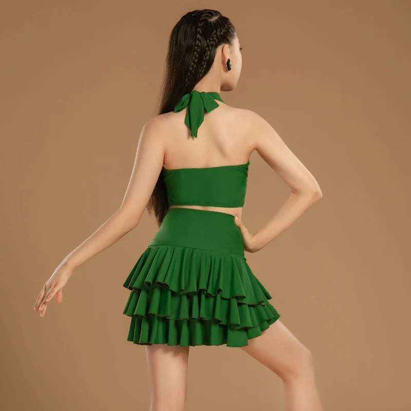 Verão meninas roupas de competição de dança latina crianças chacha salsa desempenho ternos de dança verde traje de dança latina sl12464