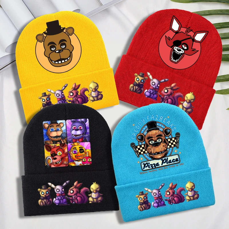 FNAF محبوك قبعة للبنين بنات خمس ليال في فريدي أنيمي لطيف قبعات متماسكة الأطفال شتاء دافئ قبعة أنيقة على الموضة الاطفال الهيب هوب قبعات