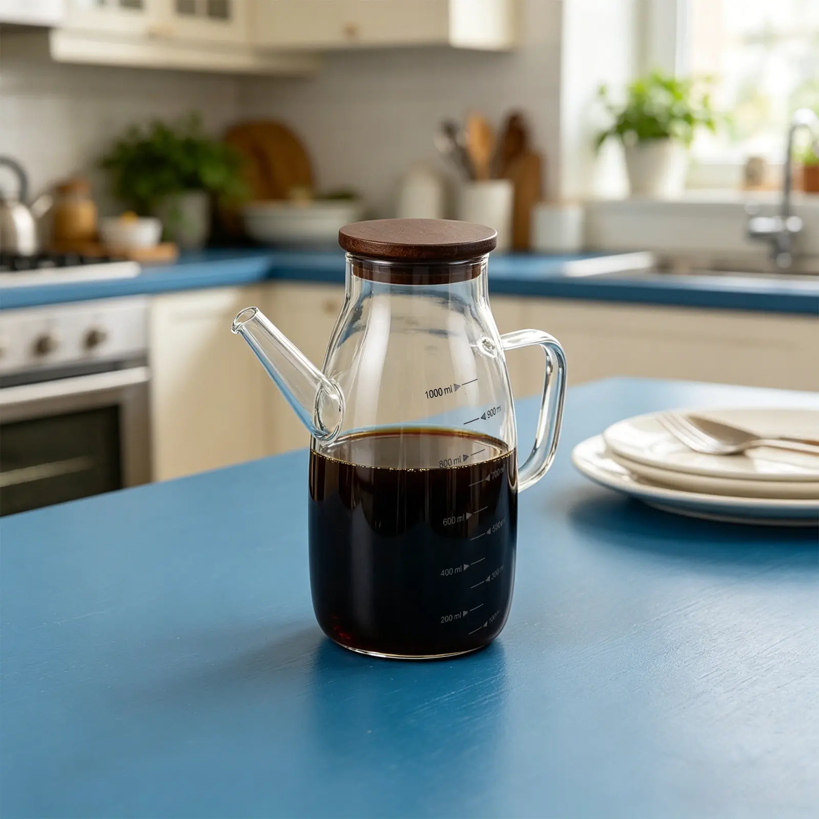 Glass Cooking Oil Dispenser Bottle Thick Transparent 1000Ml Olive Oil Vinegar Sauce Container Kitchen Storage Cruet