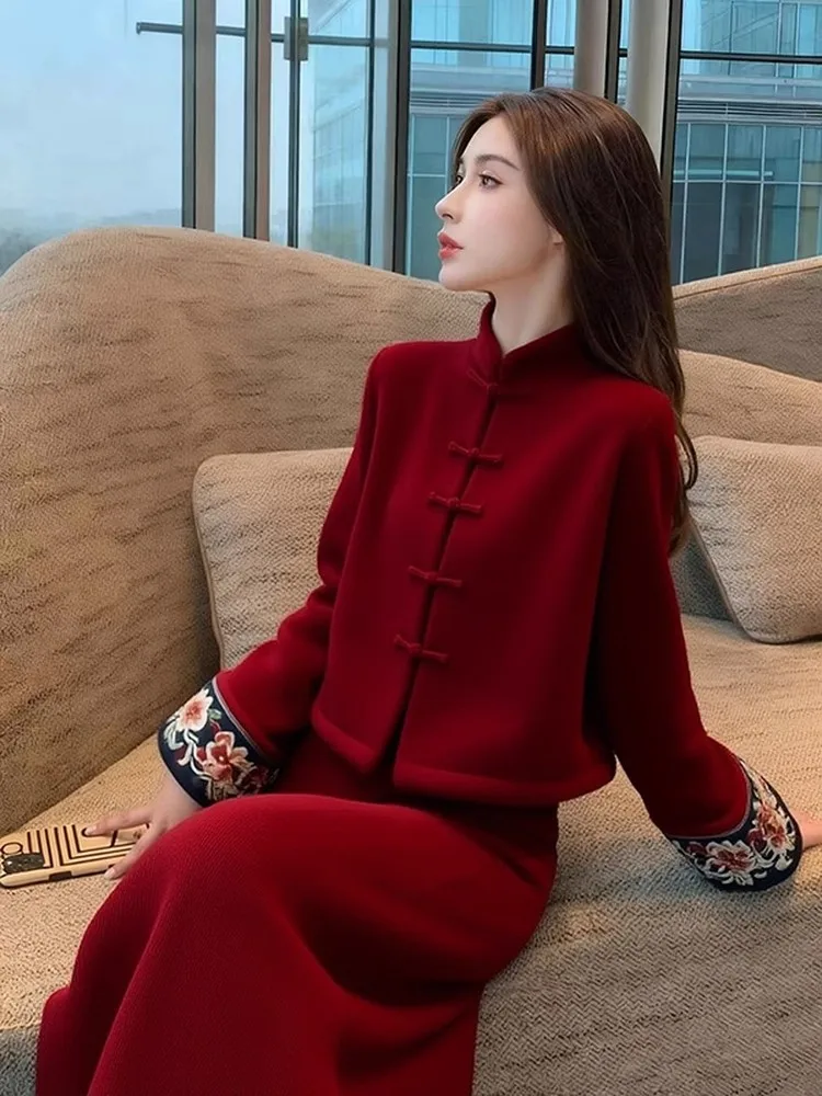 

Красный женский модный комплект Cisas Sle, юбка с высокой талией, верхняя одежда Ele, осенне-зимний новый китайский национальный трендовый наряд