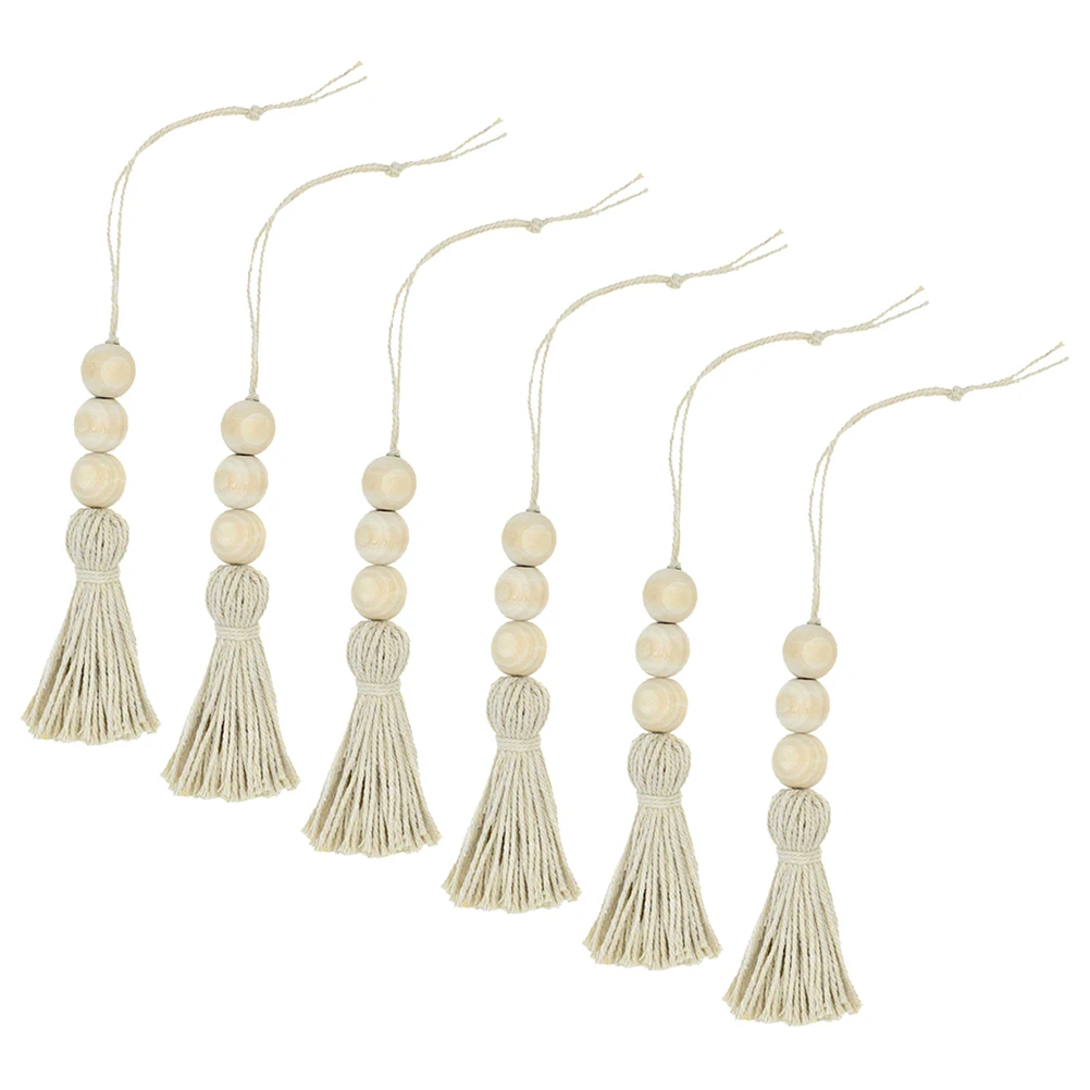 

8pcs Wooden Tassel Beads Ornaments Cotton String Closet Door Handle Decor Christmas Tree Top Decoration Keychain Car Prop Gift