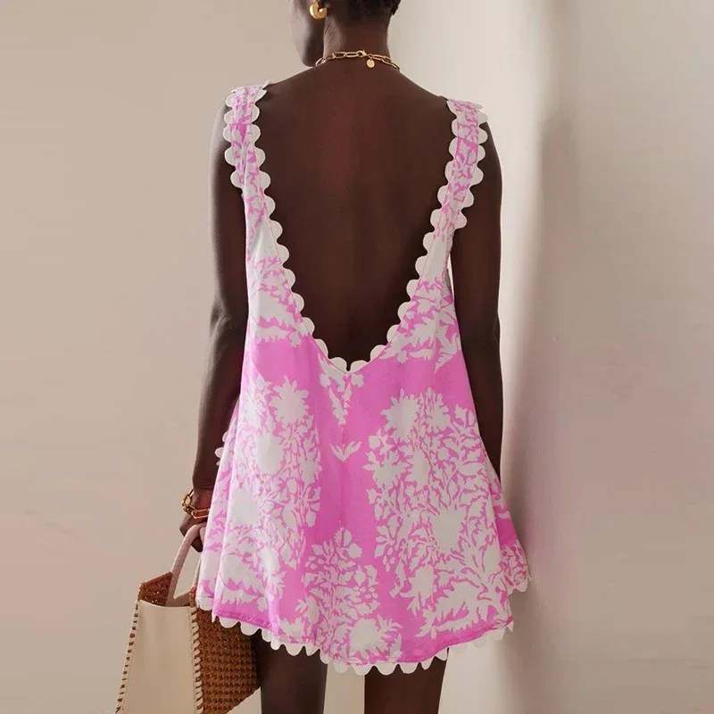 Robe d'été transparente à imprimé Floral coloré pour femmes, sans manches, dos nu, col en V, robes de plage et de vacances pour femmes, Mini robe Boho