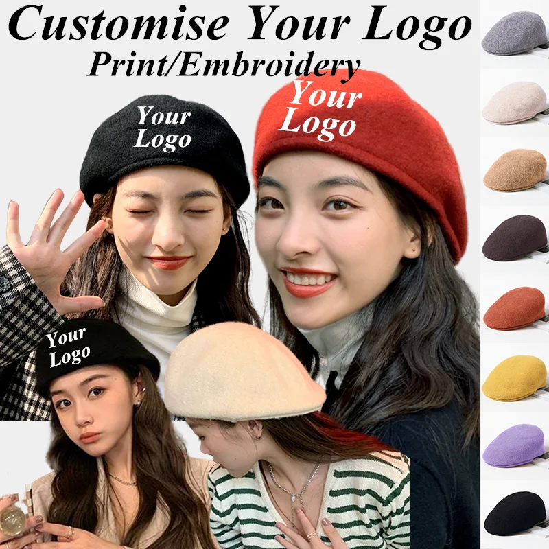 Custom Logo Autumn Winter Wool Beret Hats For Women Men Front Back Two Ways To Wear Cap Short Brim Flat Roof Hat Warm Unisex Cap