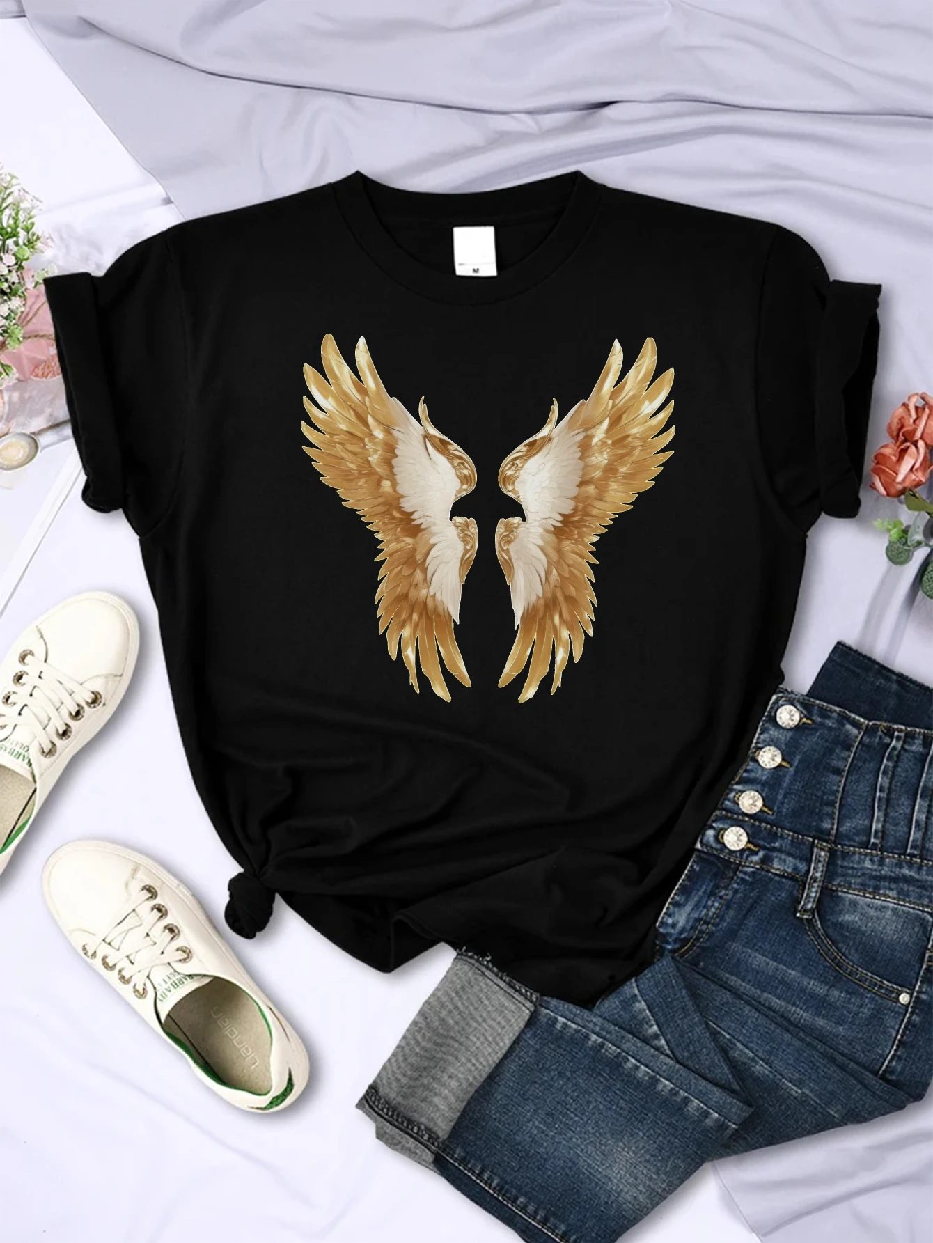 Aquarell Gold Angel Wings Clipart Meistverkauftes Unisex-Rundhals-T-Shirt Bequemes, lockeres Weihnachts- und Ganzjahreskleidung